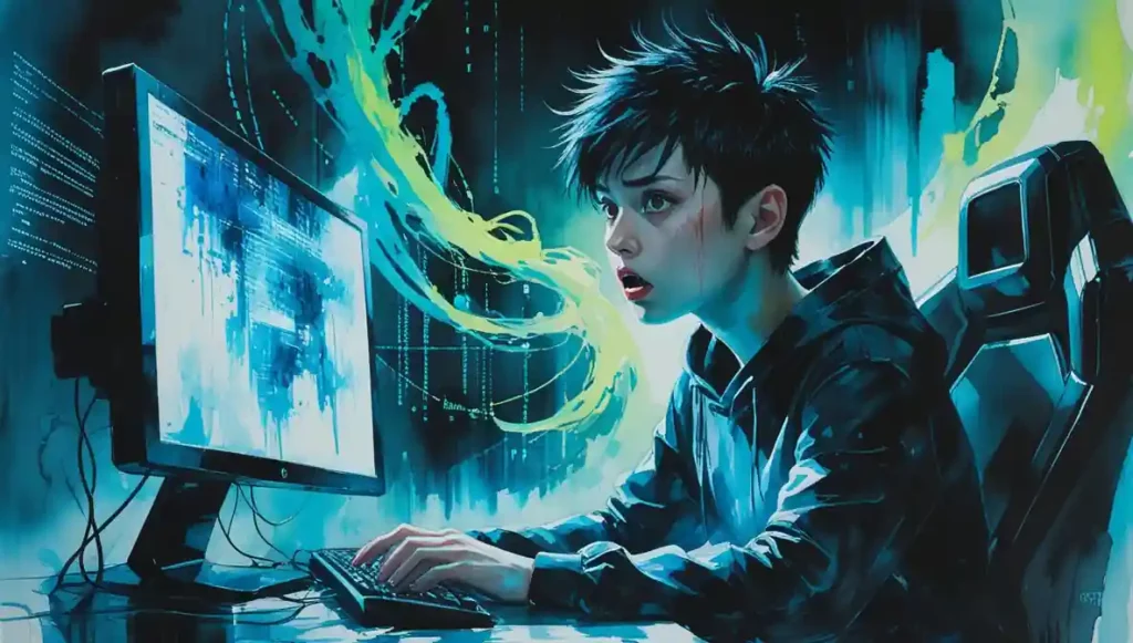 A vibrant watercolor painting of a young adult indicating a catastrophic cyberattack