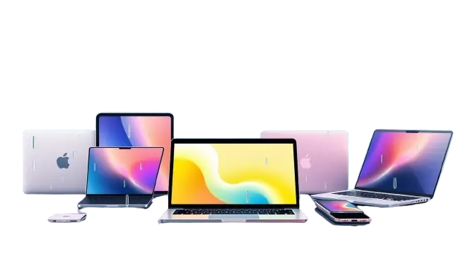 Array of smart home gadgets sleek laptops smartphones