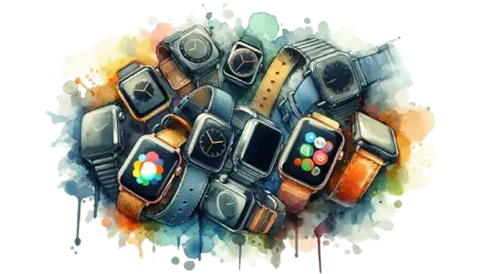 watercolor painting of a collection of smartwatches